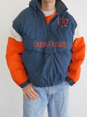 Vintage 90s NFL Chicago Bears Navy Colorblock Game Day Streetwear Zip Pullover L